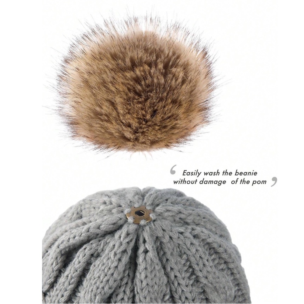 Grey Cable Knit Beanie Hat Faux Fur Pom Pom  100% Acrylic - Picture 3 of 7